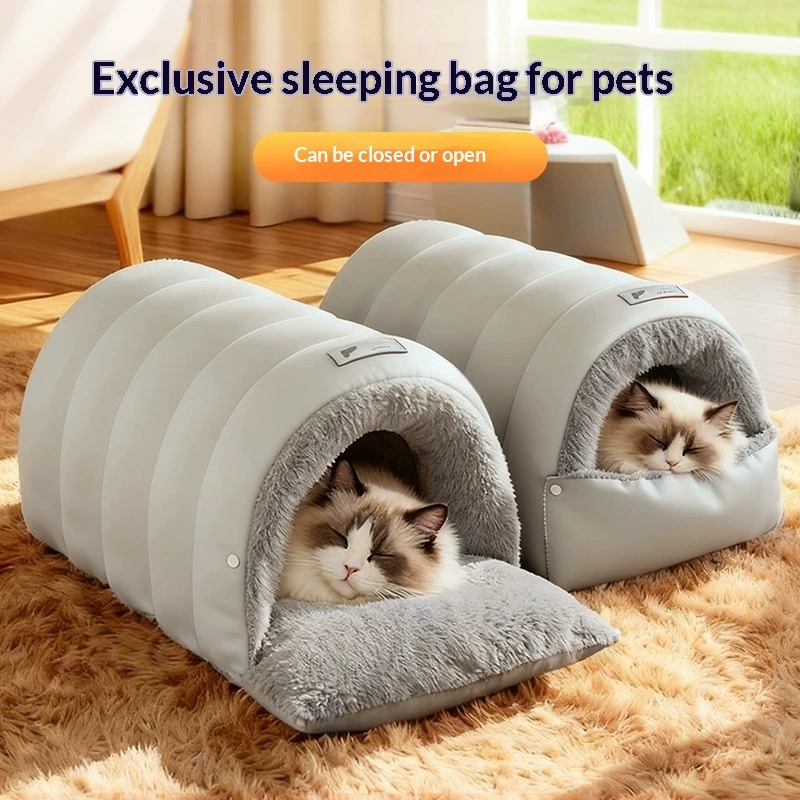 Fleece Sleep Bag - Półzamknięty skórzany śpiwór dla kota, nadający